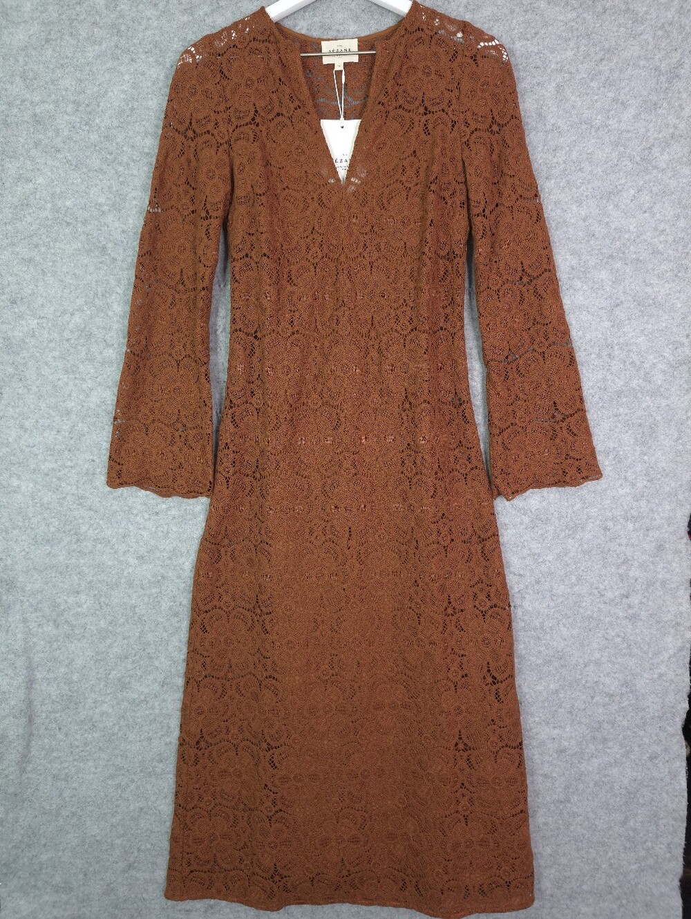 Sezane Fama Caramel Guipure Lace V-Neck Midi Dress 34/ US 2 - Picture 3 of 12